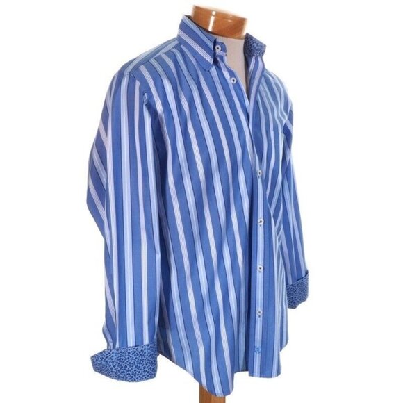 Bugatchi Mens Small 14-14.5 Long Sleeve Striped Shirts With Contrast Cuffs & Col - Picture 8 of 9